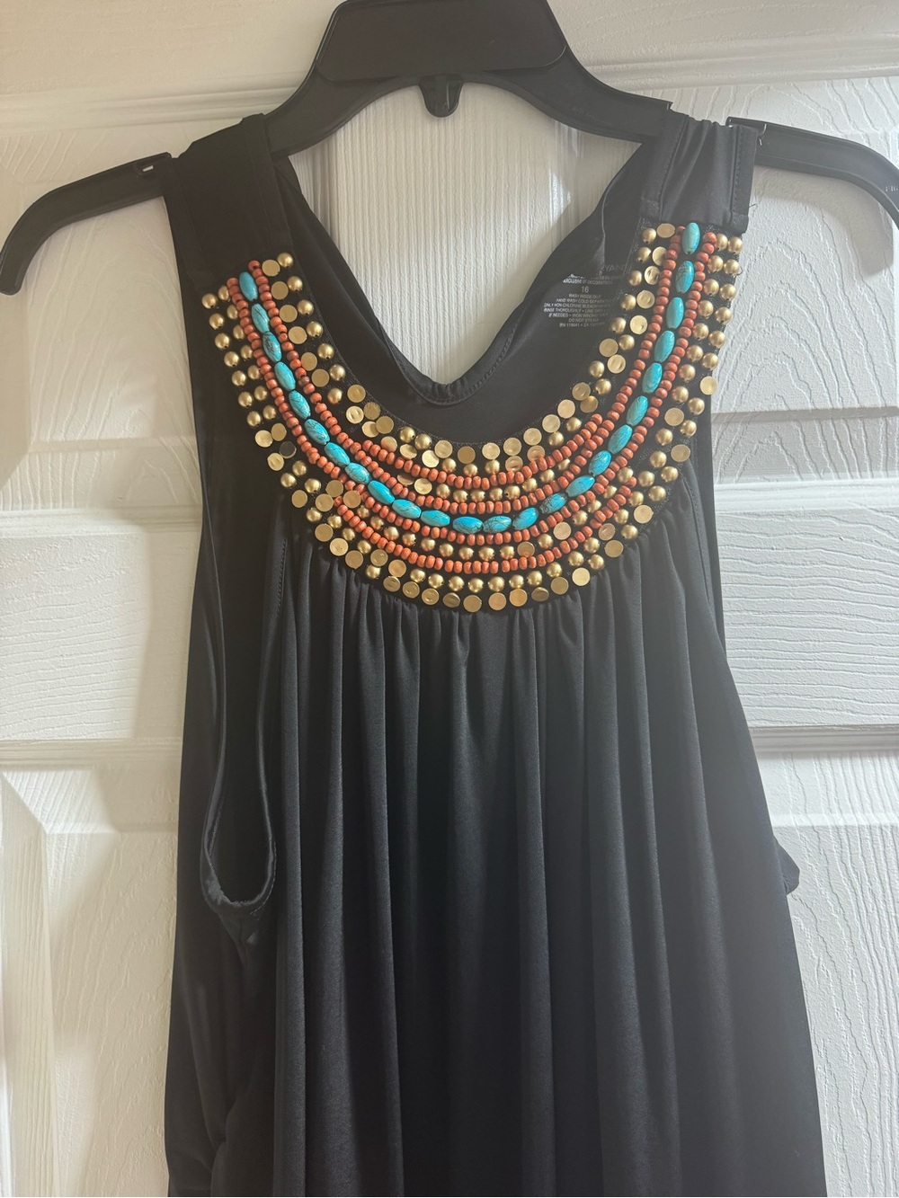 Lane Bryant Black  Top with Turquoise, Coral and Gold Beaded Neckline.